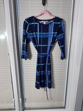 Forever 21 Navy Plaid Long Sleeve Tie-Waist Dress